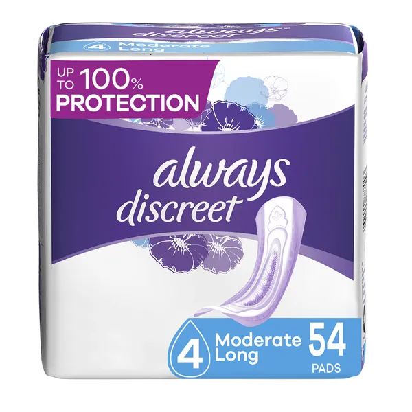 Always Discreet Adult Moderate Long Incontinence Pads, Up to 100% Leak-Free Protection, 54 Count (Packaging May Vary)