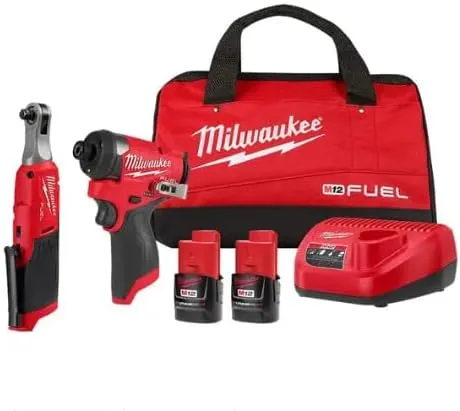 Milwaukee M12 FUEL 12V Lithium-Ion Cordless 3/8 in. Ratchet and 1/4 in. Impact Driver Kit (2-Tool) w/Batteries, Charger & Bag