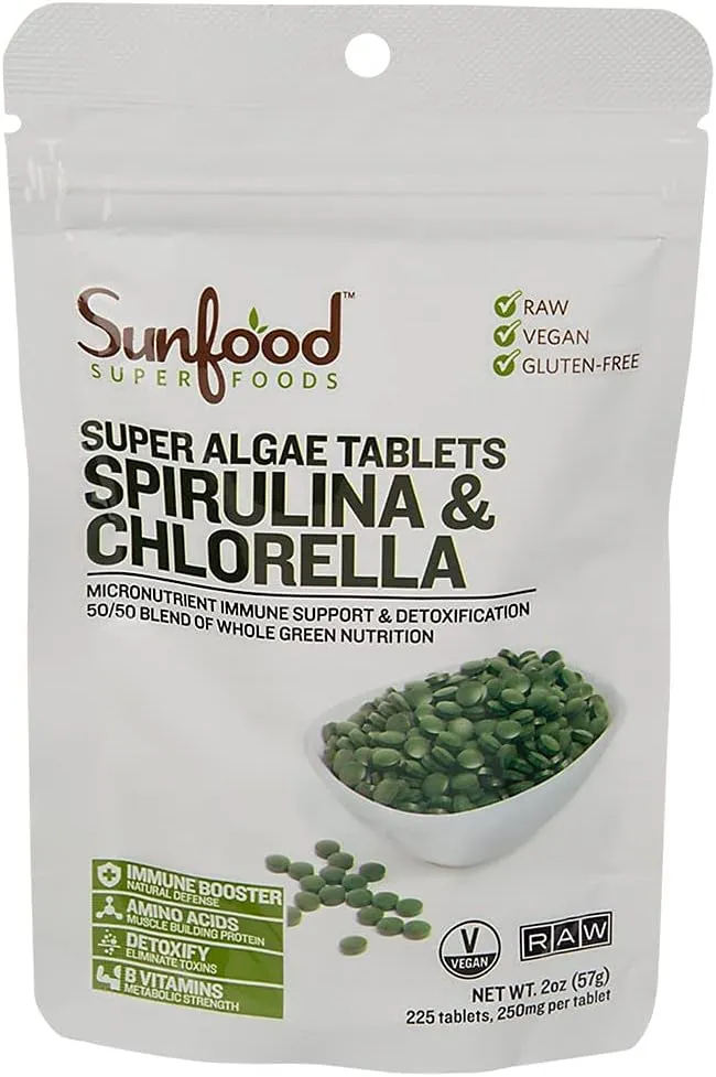 Sunfood, Spirulina & Chlorella, tabletki z superalgami, 250 mg, ok. 228 tabletek, 57 g