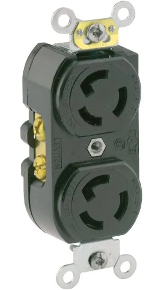 15 Amp, 125 Volt, NEMA L5-15R, 2P, 3W, Duplex Locking Receptacle, Common Feed, Self-Grounding, Black