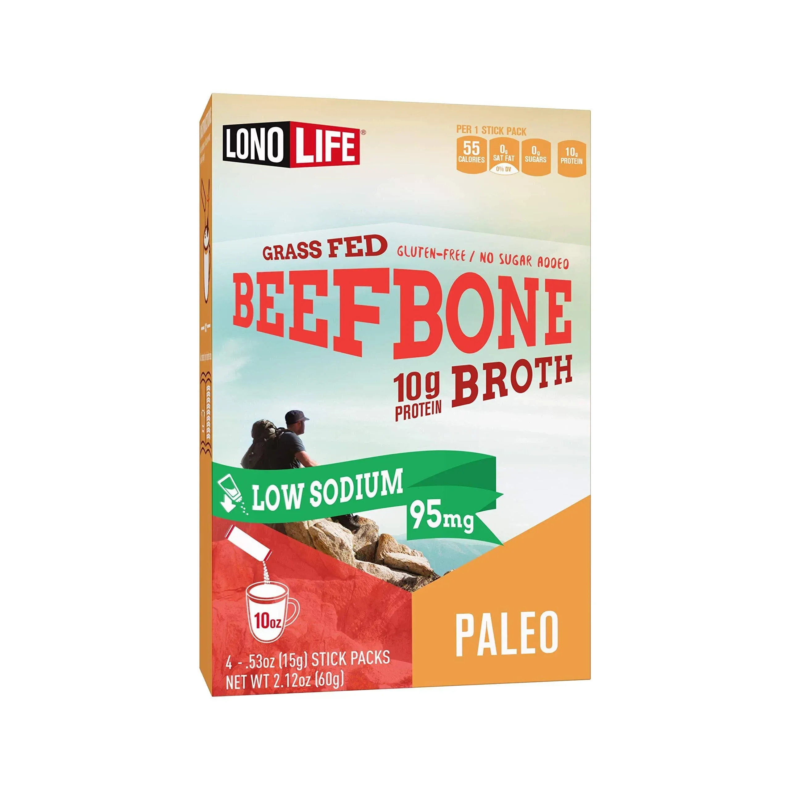 LonoLife Low-Sodium Grass-Fed Beef Bone Broth Powder with 10g Protein, Stick Packs, 4 Count