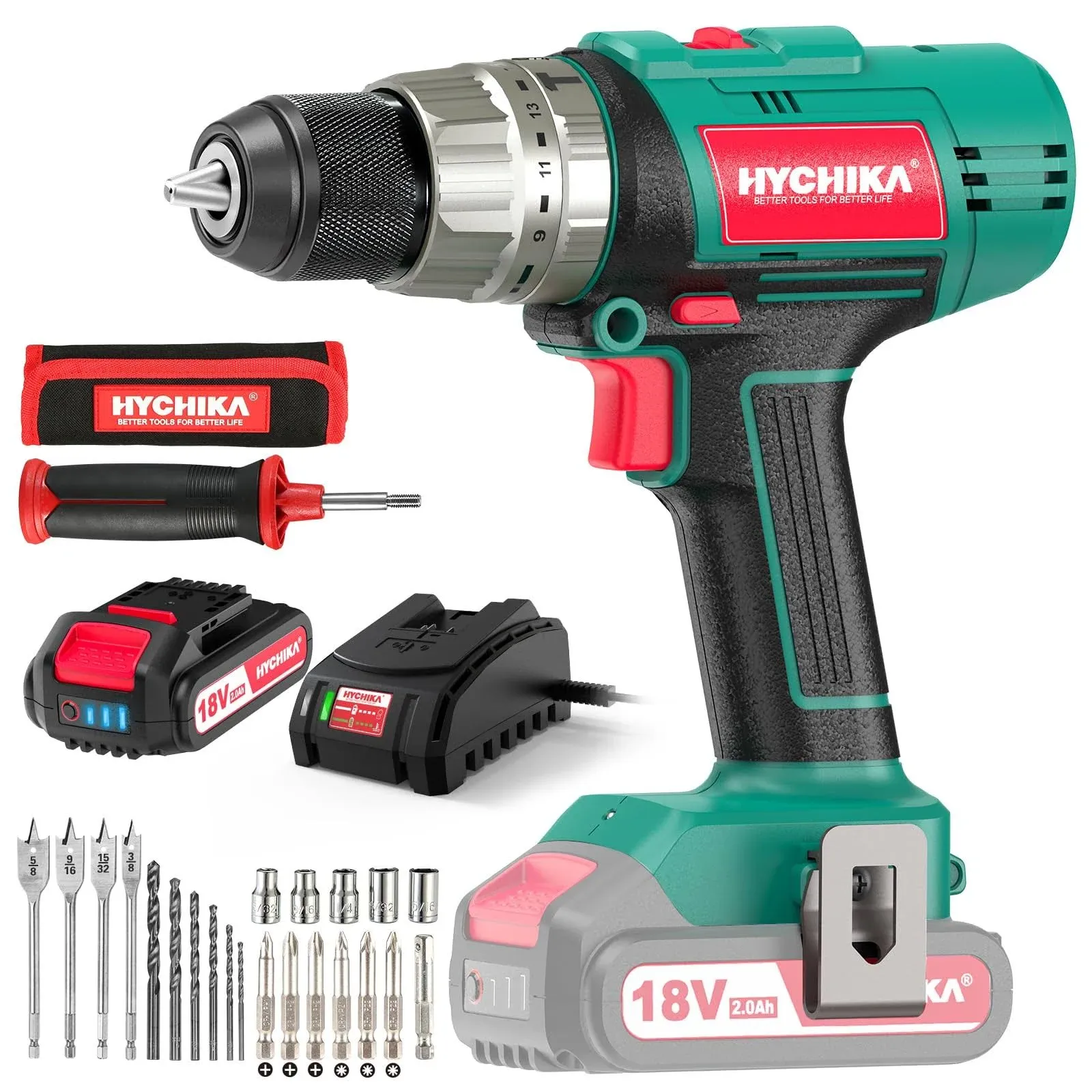 Cordless Hammer Drill Driver 18V, HYCHIKA 400 in-lbs Torque Power Drill with Auxiliary Handle, 1/2” Metal Chuck, 2.0Ah Battery, 1H Fast Charger, 21+ HD18F