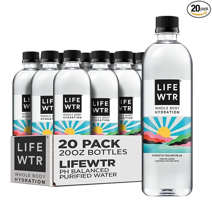 LIFEWTR Premium Purified Water, pH Balanced with Electrolytes, 100% recycled plastic bottles, 20 Fl Oz (Pack of 20), Packaging May Vary