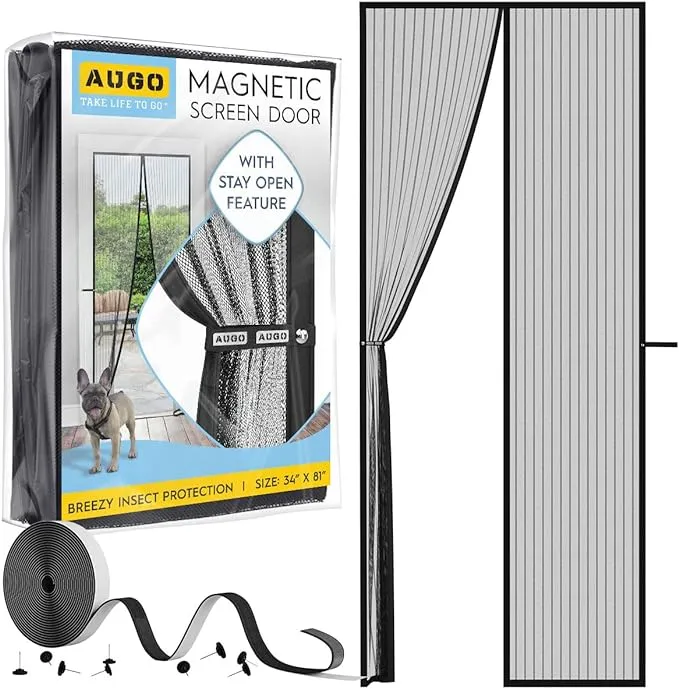 AUGO Magnetic Screen Door - Self Sealing, Heavy Duty, Hands Free Mesh Partition Keeps Bugs Out - Pet and Kid Friendly - Patent Pending Keep Open Feature - 34 Inch x 81 Inch