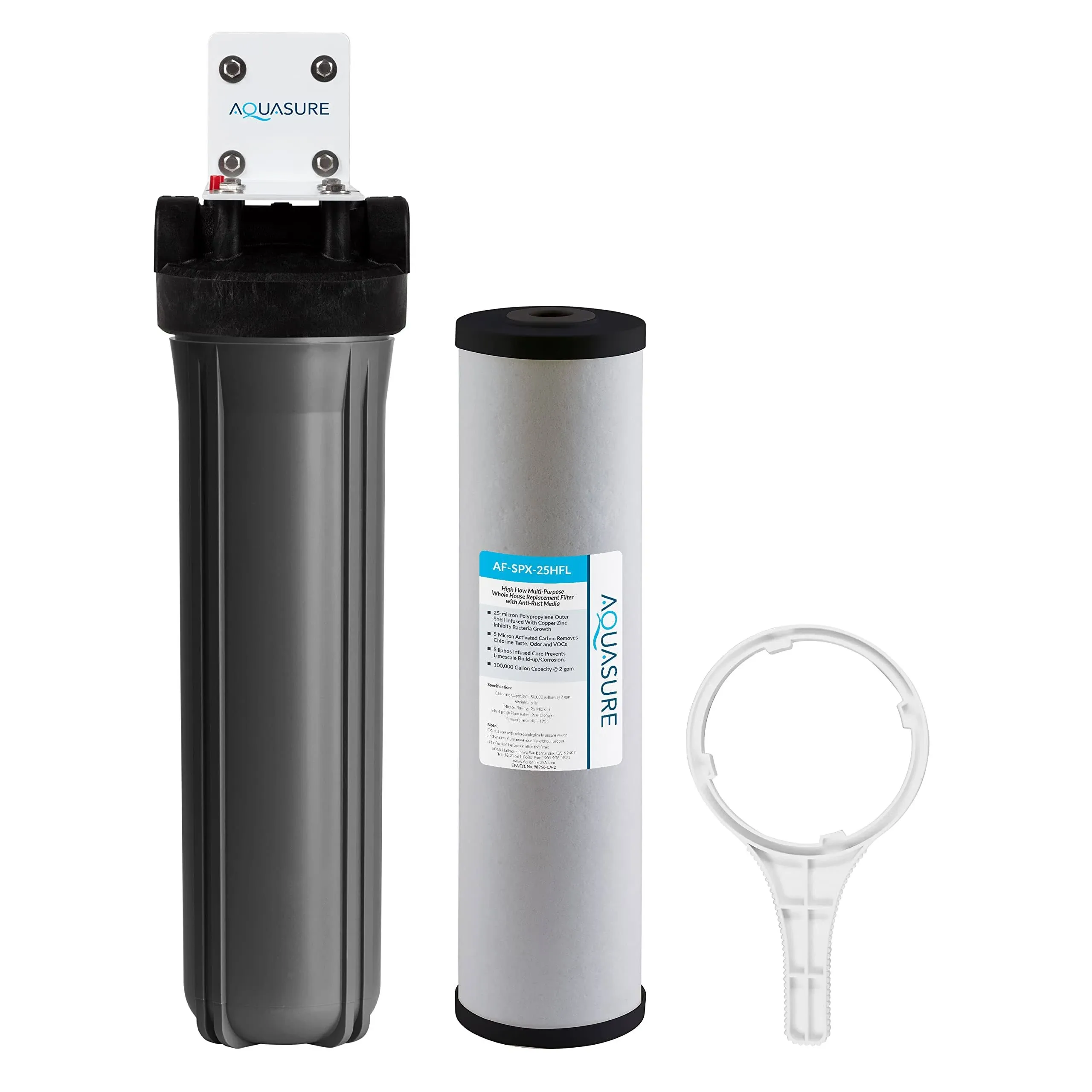 Aquasure Fortitude V2 Series Whole House Multi-Purpose Sediment/Carbon/Siliphos Anti-Rust, Bacteria & Scale Inhibiting Water Filter System, Small Size | Reduces Chlorine, Taste & More (AS-FS-25SPX)