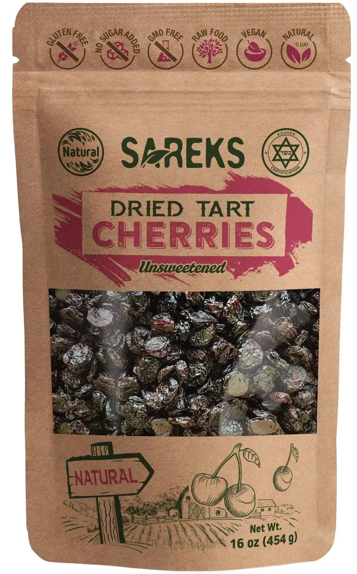 Organic Dried Tart Cherries Unsweetened No Sugar No Oil, Unsulfured, No Preservatives, Non GMO 16 oz (Nothing Added)