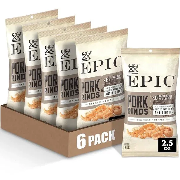 Epic Sea Salt & Pepper Pork Rinds, Keto Friendly, Paleo Friendly, 2.5 oz (Pack of 6)