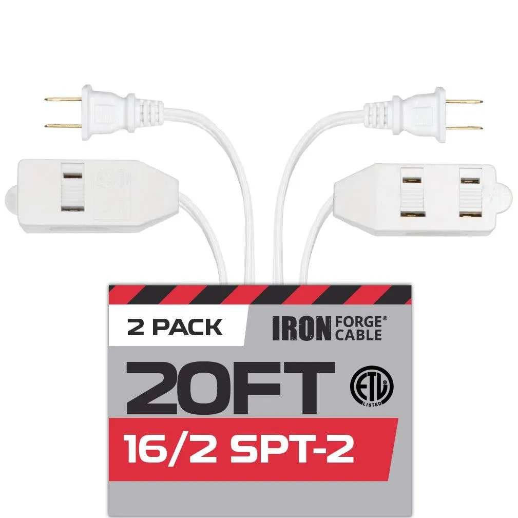 20 ft White Extension Cord 2 Pack - 16/2 Durable Electrical Cable