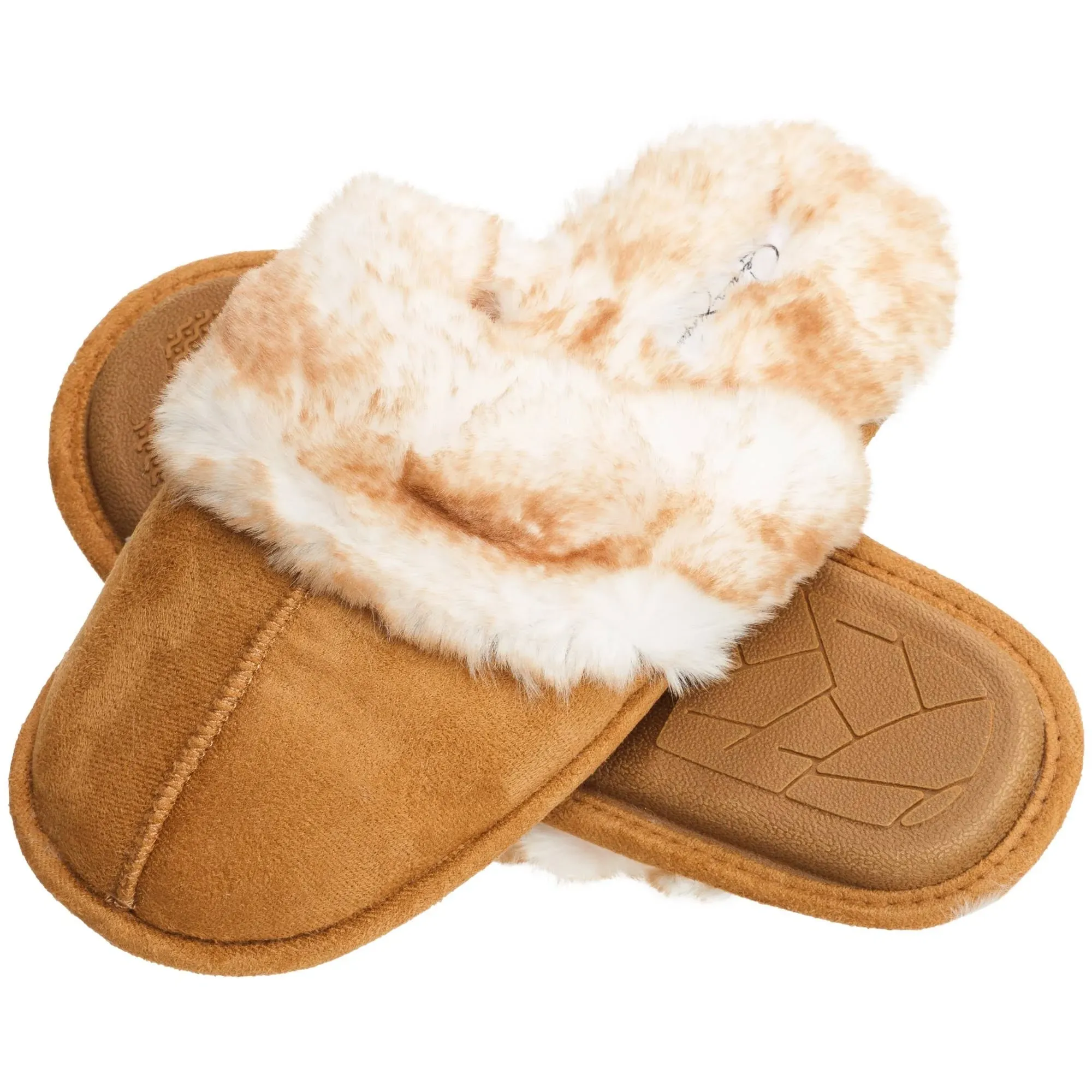 Jessica Simpson Women's Comfy Faux Fur House Slipper Scuff Memory Foam Slip On Anti-Skid Sole, Tan, Medium