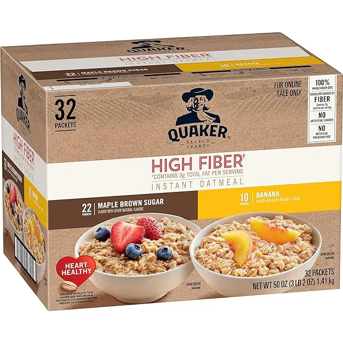 Quaker Instant Oatmeal, High Fiber 2 Flavor Variety (32 Pack)