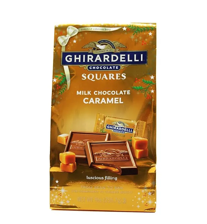 GHIRARDELLI Holiday Milk Chocolate Caramel Squares, Milk Chocolate with Caramel Candy, 9 oz Bag