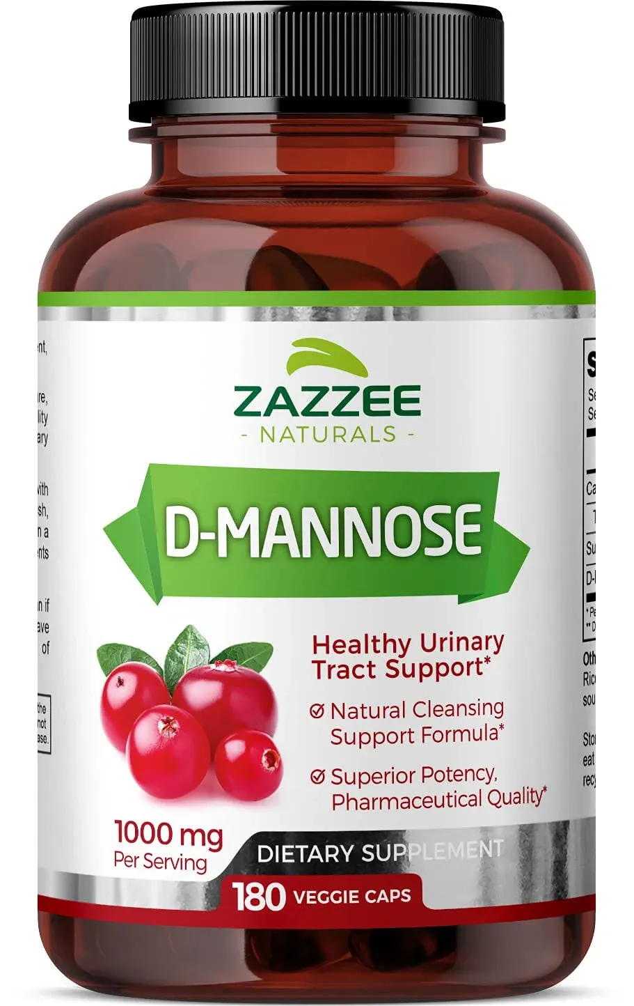 Zazzee D-Mannose 180 Vegan Capsules, 1000 mg per Serving, Pure, Potent and Fast-