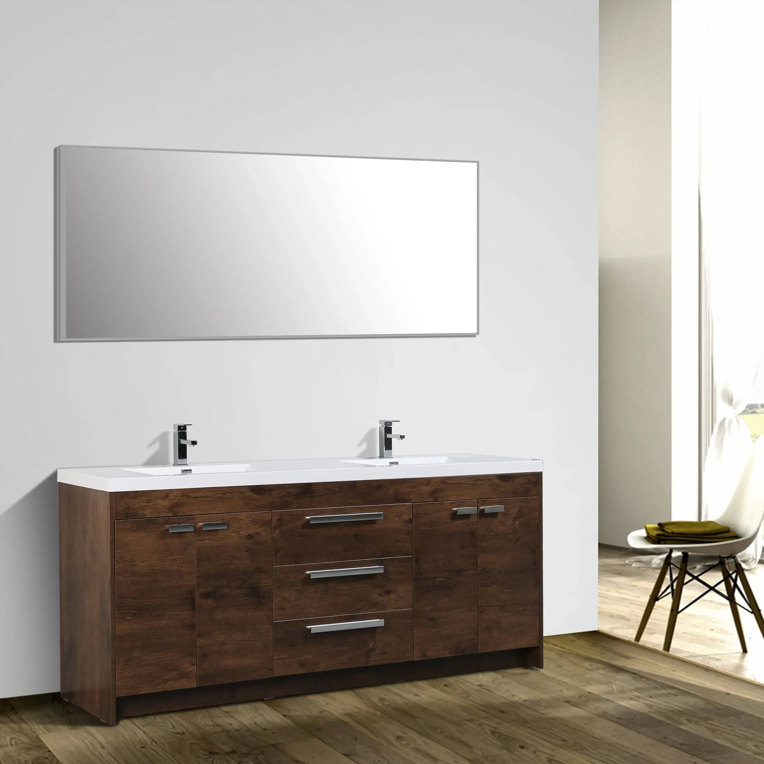 Eviva Lugano 84" Modern Bathroom Vanity with White Integrated Acrylic Double Sink, Rosewood