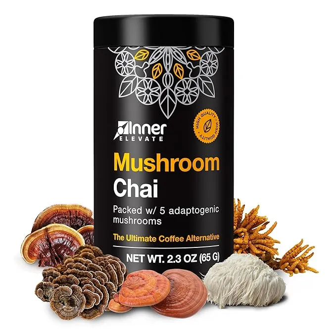 Mushroom Chai - Ultimate Coffee Alternative - Adaptogenic Mushroom Drink with Lion's Mane, Cordyceps, Chaga, Reishi, Turkey Tail (30 Servings)