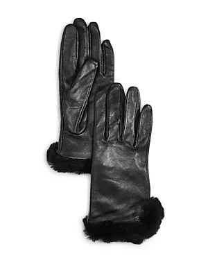 Ugg Women's Shearling Trim Leather Gloves - Black