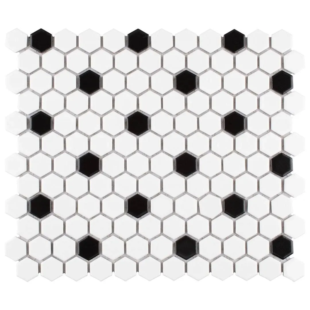 Merola Tile Madison 1" Hex Porcelain Floor and Wall Tile, Case, Black/White, Tile