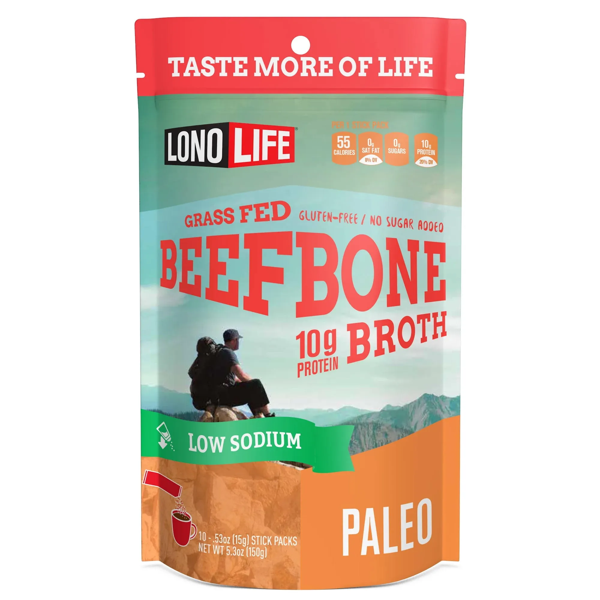 LonoLife Low-Sodium Grass-Fed Beef Bone Broth Powder with 10g Protein, Stick Packs, 10 Count