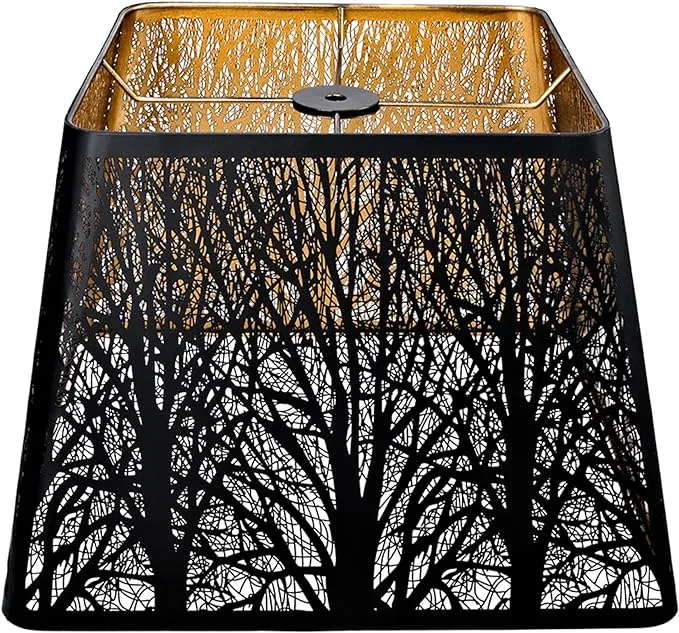 Medium Square Lamp Shades, ALUCSET Metal Lampshade with Pattern of Trees for Table Lamp and Floor Light, 9 x 12 x 8.8 Inch, Spider (Black/Gold)