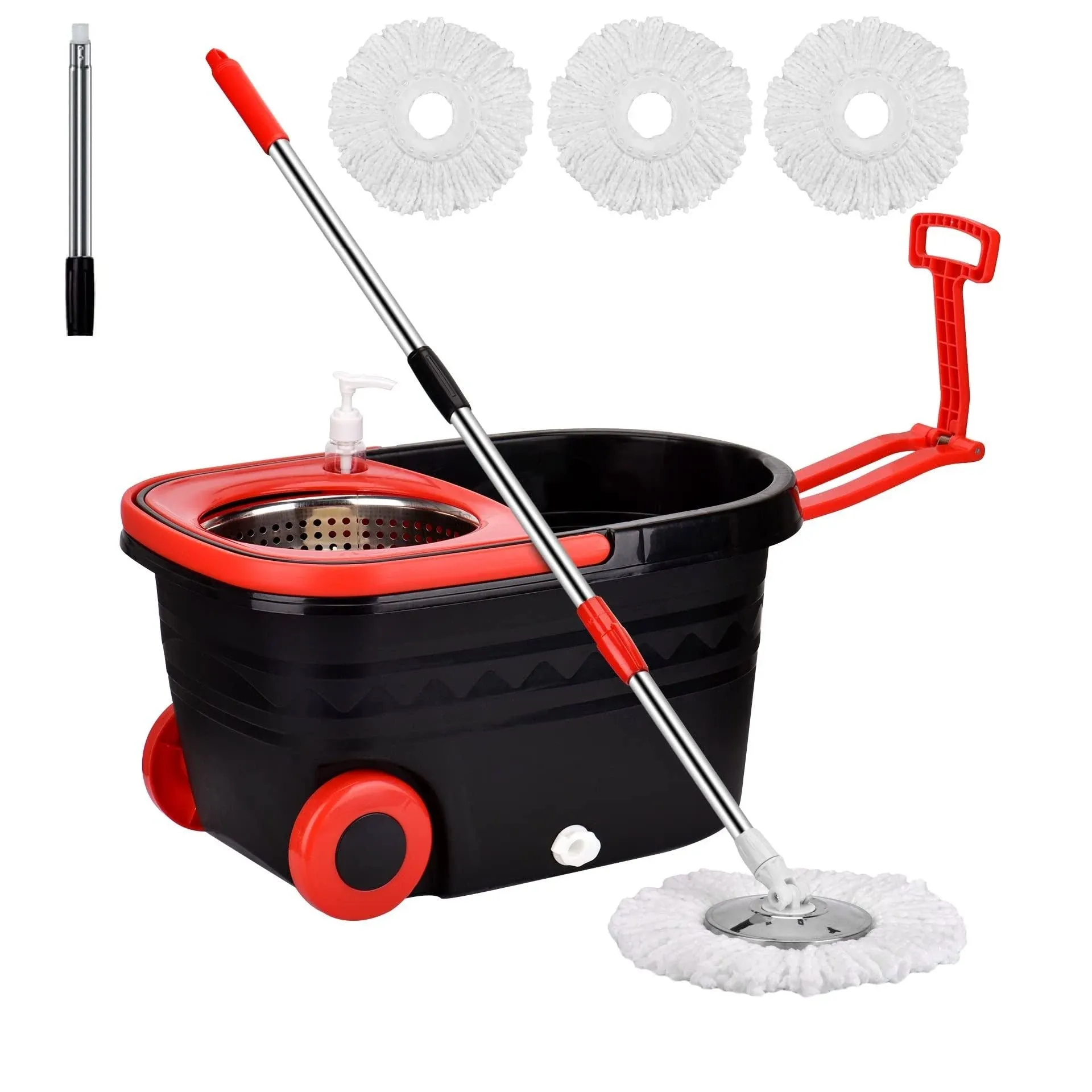 PULNDA Mop Bucket Set, 360 Spin Mop Bucket with 3 Mop Heads, Mop and Bucket with Wringer Set Stainless Steel Spin Mop Bucket System On Wheels for