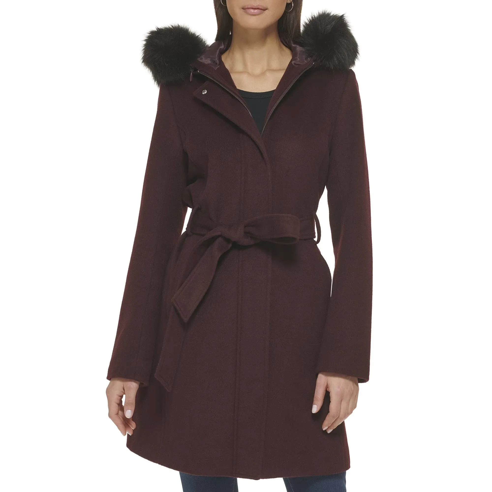 Cole Haan Women's Belted Faux-Fur-Trim Hooded Coat