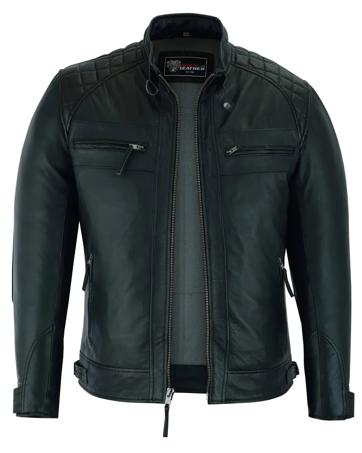 Vance Leathers USA Men's Cafe Racer Waxed Lambskin Motorcycle Leather Jacket