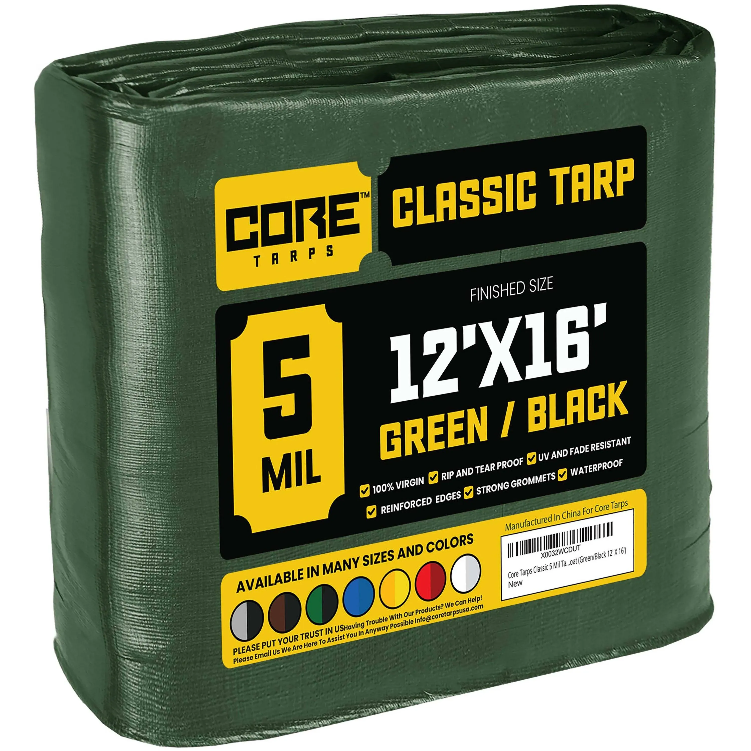 Core Tarps 12 ft. x 16 ft. Tarp, 5 mil, Green/Black