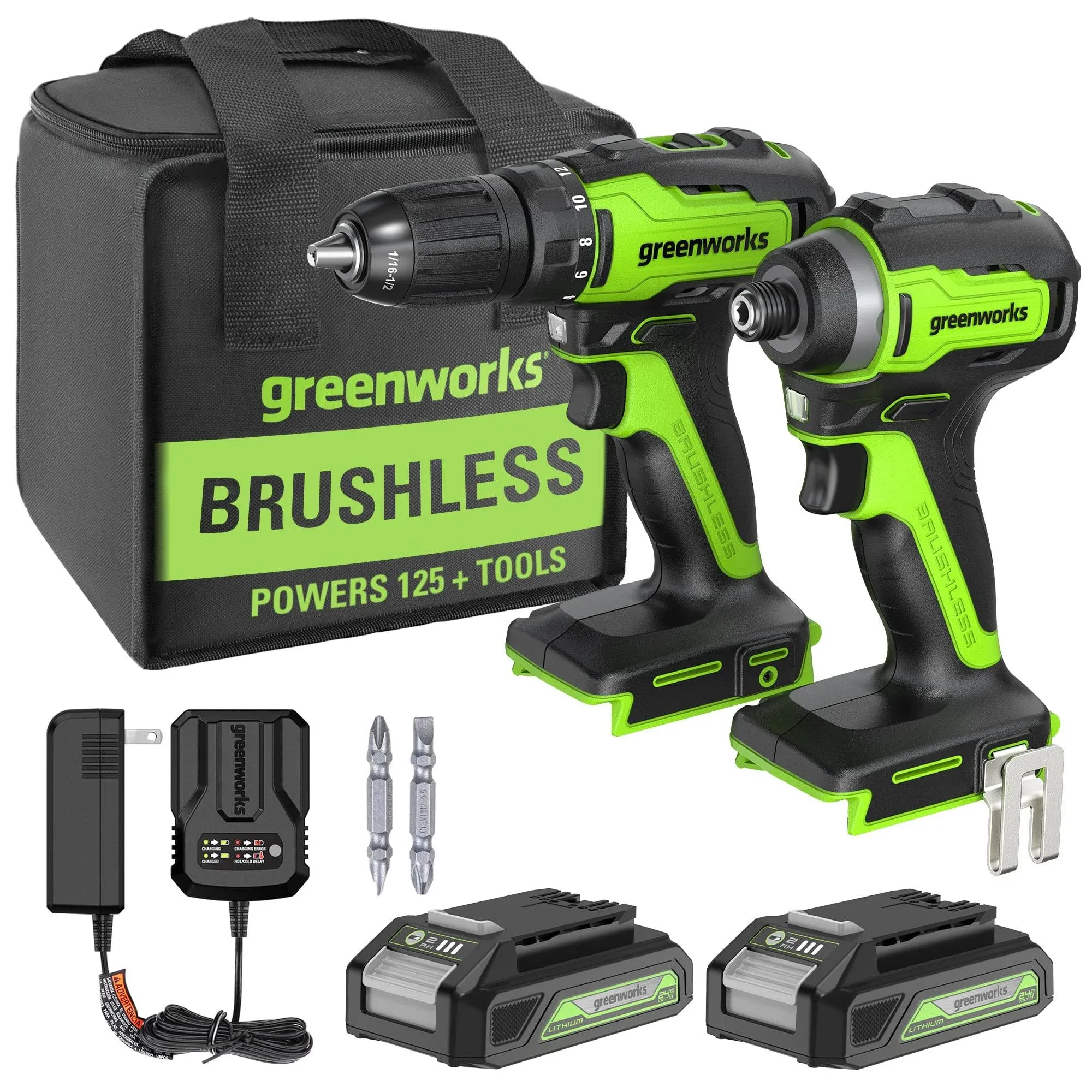 Greenworks 3707002 24V Brushless 1/2&#034; Drill + 1/4&#034; Impact Driver Combo Kit with