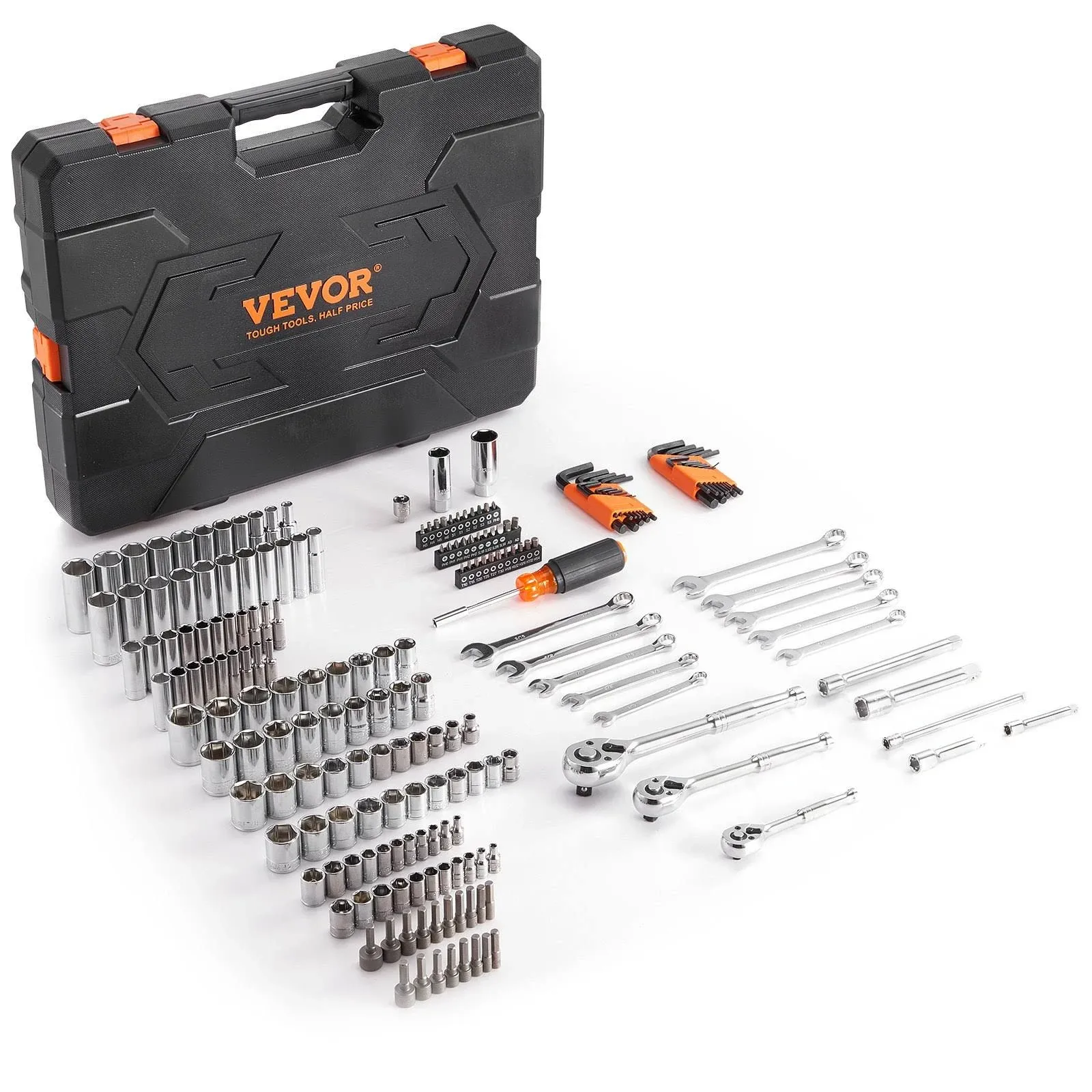 VEVOR Mechanics Tool Set and Socket Set, 1/4 3/8 1/2 Drive Deep and Standard Sockets, 205 Pcs SAE and Metric Mechanic Tool Kit with Bits, Combination Wrench, Hex Wrenches, Accessories, Storage Case