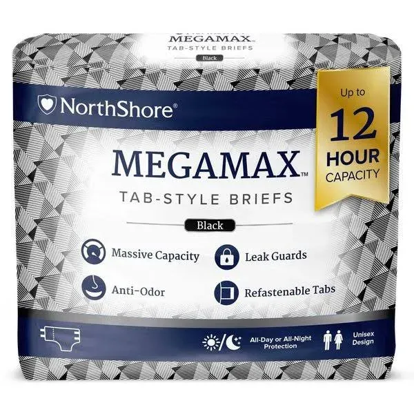 MEGAMAX Tab-Style Briefs, Black, Small, 24"-34", 40PK