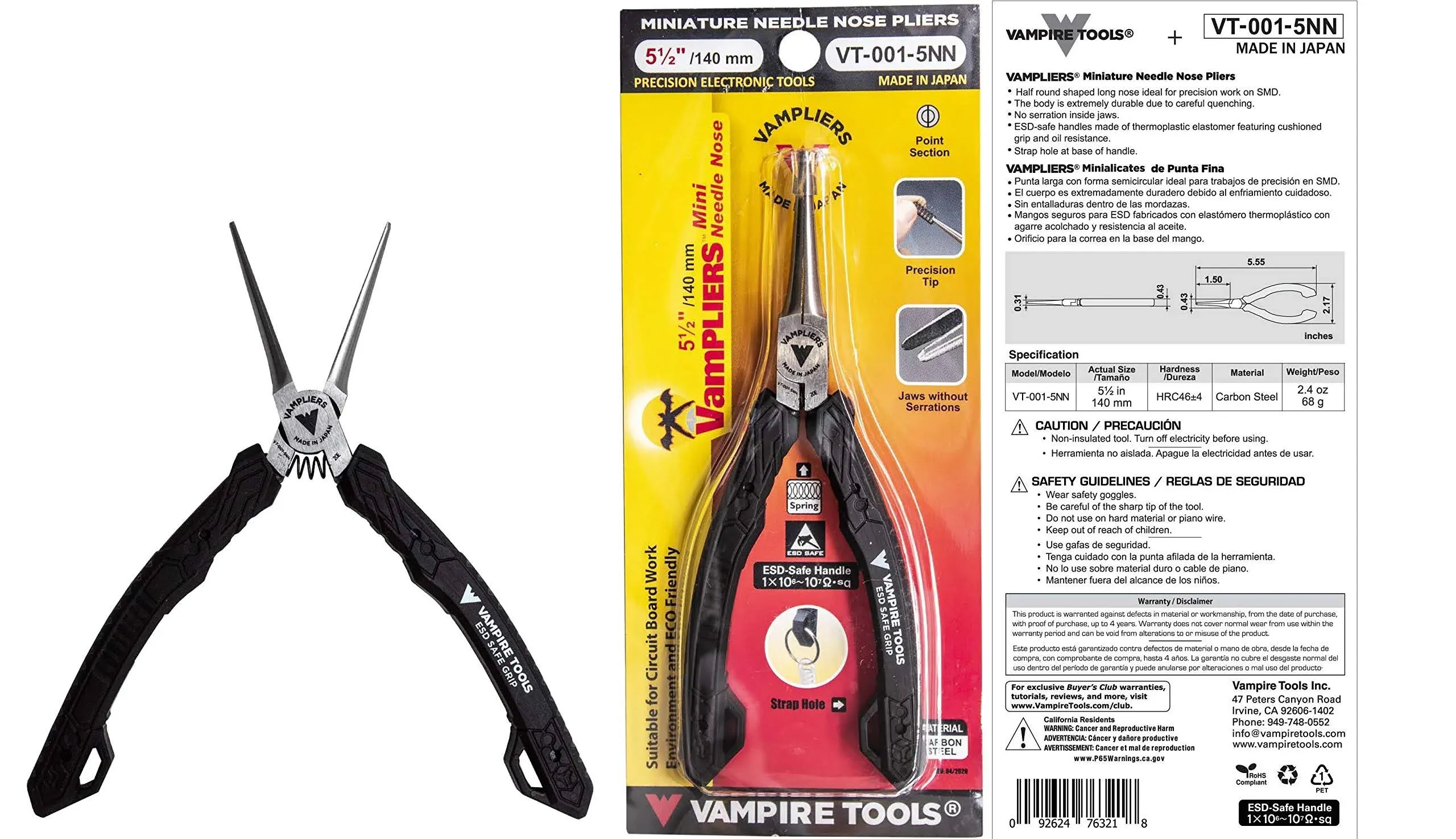 5.5" Precision Mini Needle Nose Pliers with Non-Serrated Jaws | VT-001-5NN