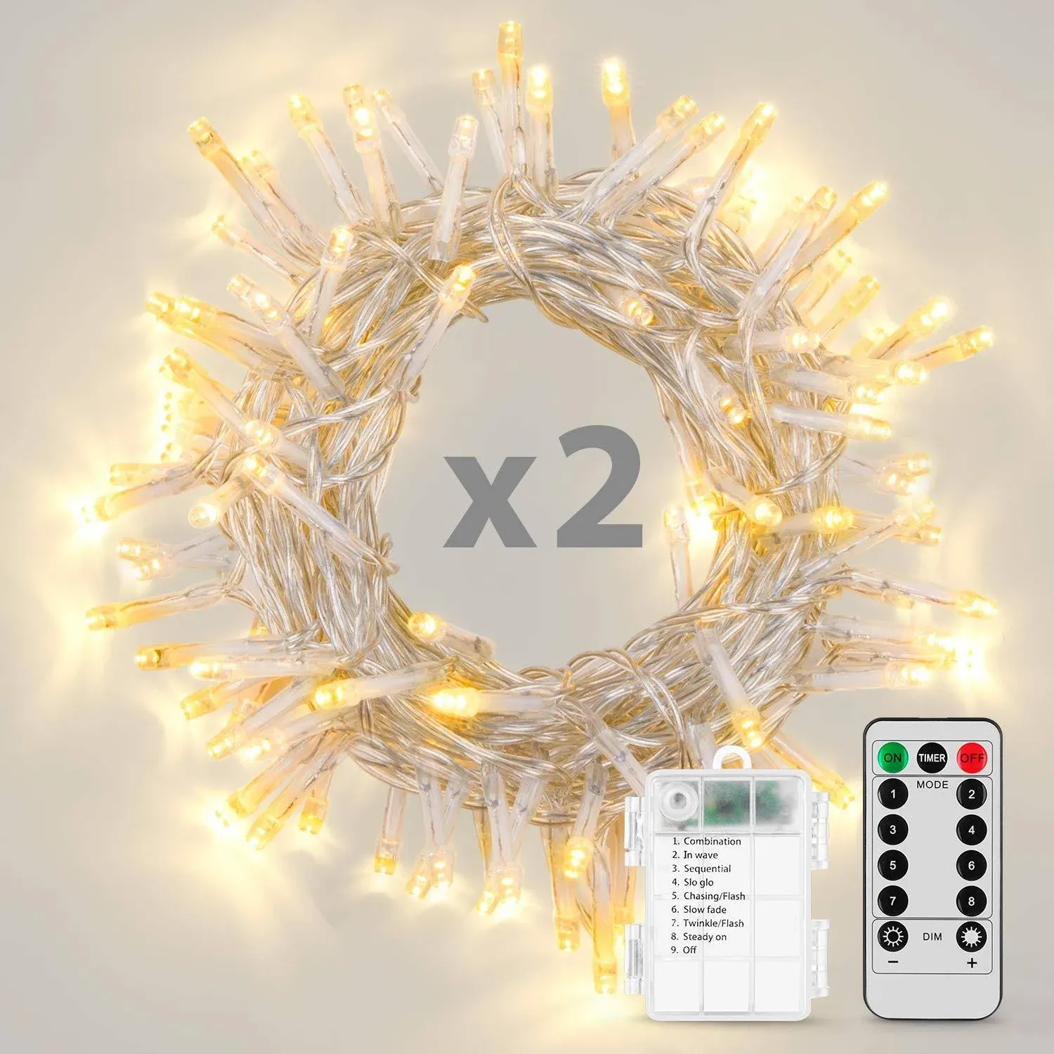 2 Pack Battery Operated String Lights with Remote Timer Waterproof 8 Modes 16.4F