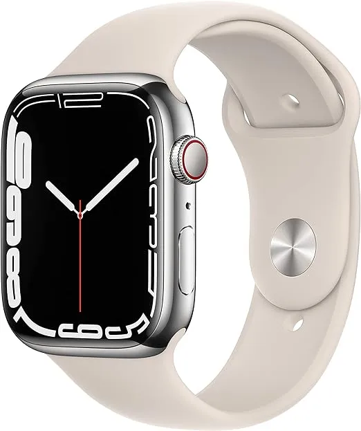 Apple Watch Series 7 [GPS + Cellular 45mm] Smart Watch w/Silver Stainless Steel Case with Starlight Sport Band. Fitness Tracker, Blood Oxygen & ECG Apps, Always-On Retina Display, Water Resistant