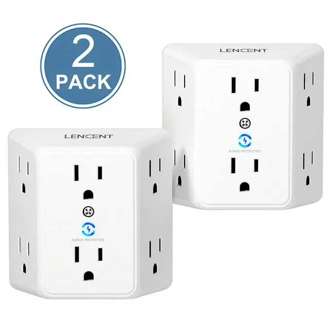 LENCENT Multi Plug 6 Outlet Extender, 2 Pack Surge Protector Wall tap, Power Strip 3-Side Widely Spaced Adapter Multiple Charger Expander, Mountable Wall Splitter for Home Travel Office, ETL Listed