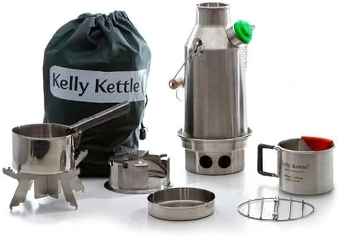 Kelly Kettle - Trekker Kettle Kit – 0.6ltr/20oz Capacity Stainless Steel Camping Kettle | Whistles When Boiled | Wood Fueled Camp Stove | For Hiking, Picnics, Fishing, Survival Gear, etc