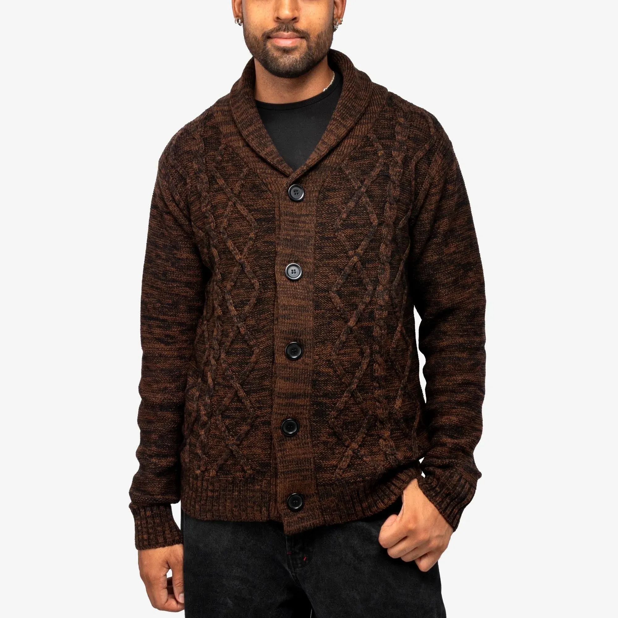 X-Ray Men's Shawl Collar Cable Knit Cardigan - Sienna, Black - Size S