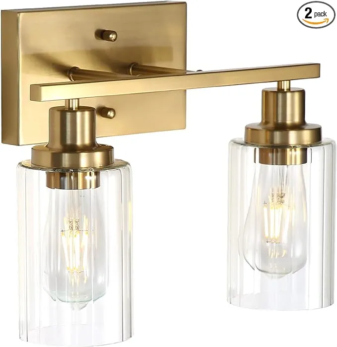 Jonsi Gold Bathroom Light Fixtures, 2 Light Brushed Gold Bathroom Vanity Lights with Fluted Glass Shade, Modern Gold Bathroom Lights Over Mirror, Vanity Lighting Fixtures, X003W-2AGB