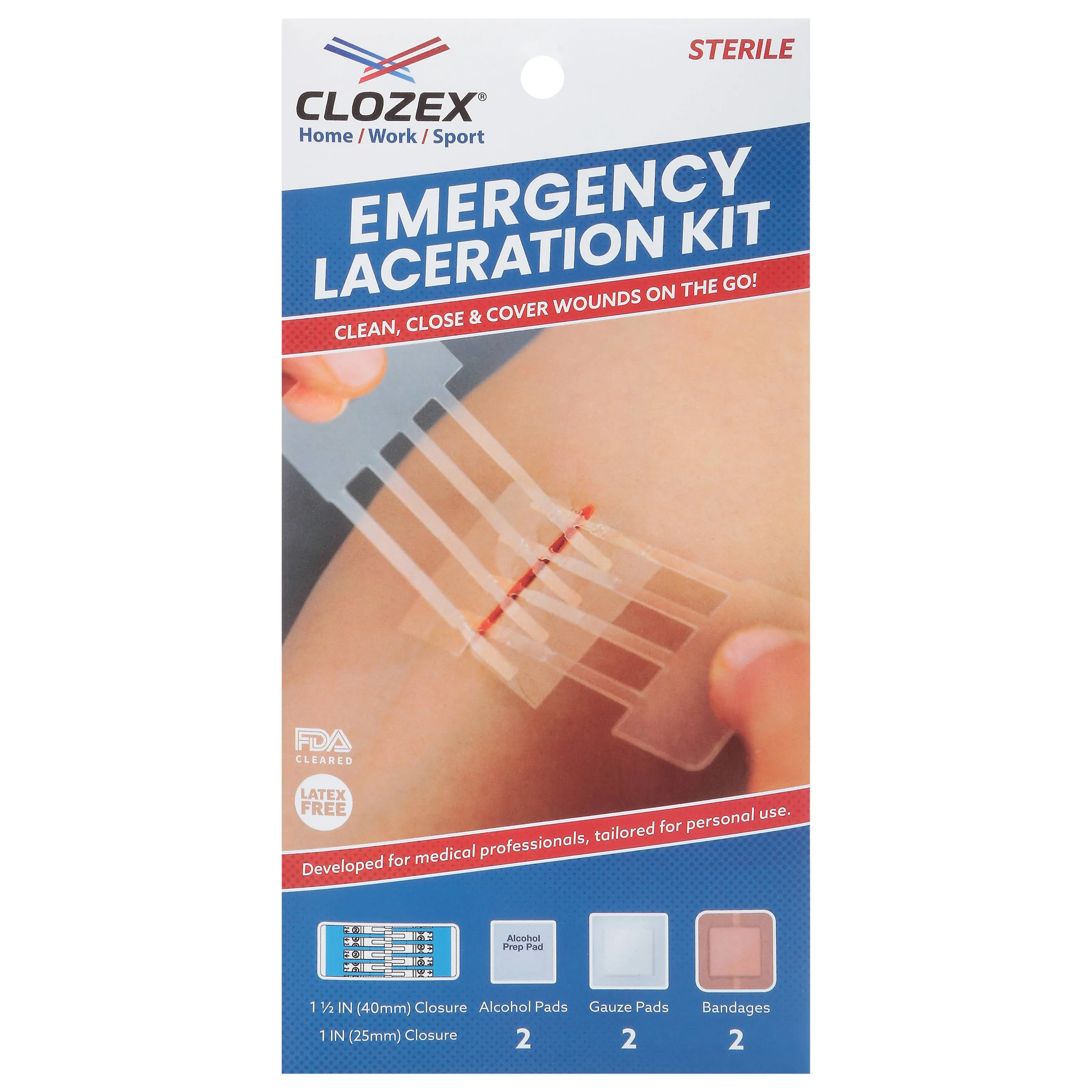 Clozex Emergency Laceration Kit - Repair Wounds Without Stitches. FDA Cleared Skin Closure Device for a Wound Up to 1 1/2 Inches in Length. Complete Kit to Clean, Close, and Cover Wounds.