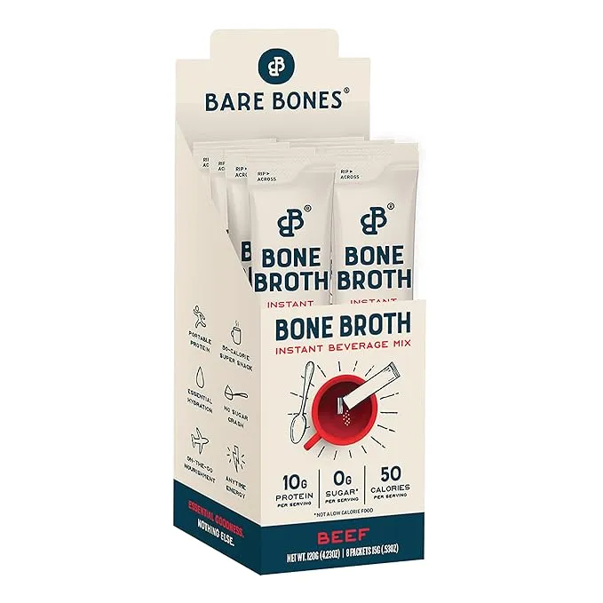 Bare Bones Bone Broth Instant Powdered Mix, Beef, Pack of 8, 15g Sticks, 10g Protein, 100% Grass Fed, Keto & Paleo Friendly Bone Broth Packets