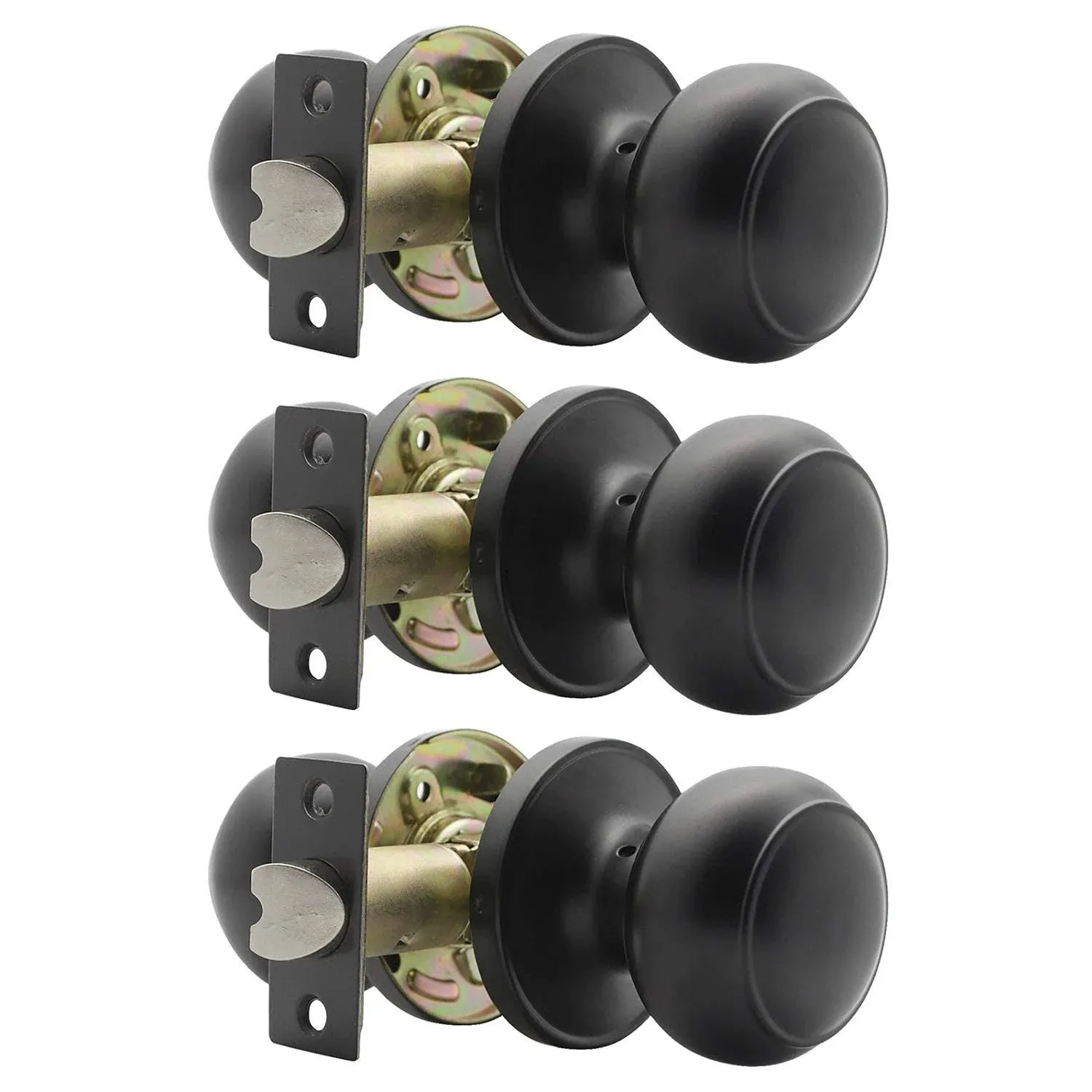 Probrico Hall/Closet Door Knobs in Matte Black Finish, Interior Round Passage Door Knobs Non-Locking Door Handles,3 Pack