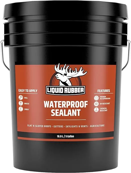 L R Liquid Rubber Waterproof Sealant - Multi-Surface Leak Repair Indoor and Outdoor Coating, Water-Based, Easy to Apply, Original Black, 5 Gallon