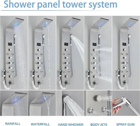 feetron Brushed Nickel LED Shower Panel Tower Rain&Waterfall Massage Body Jets Shower System Stainless Steel Digital Display