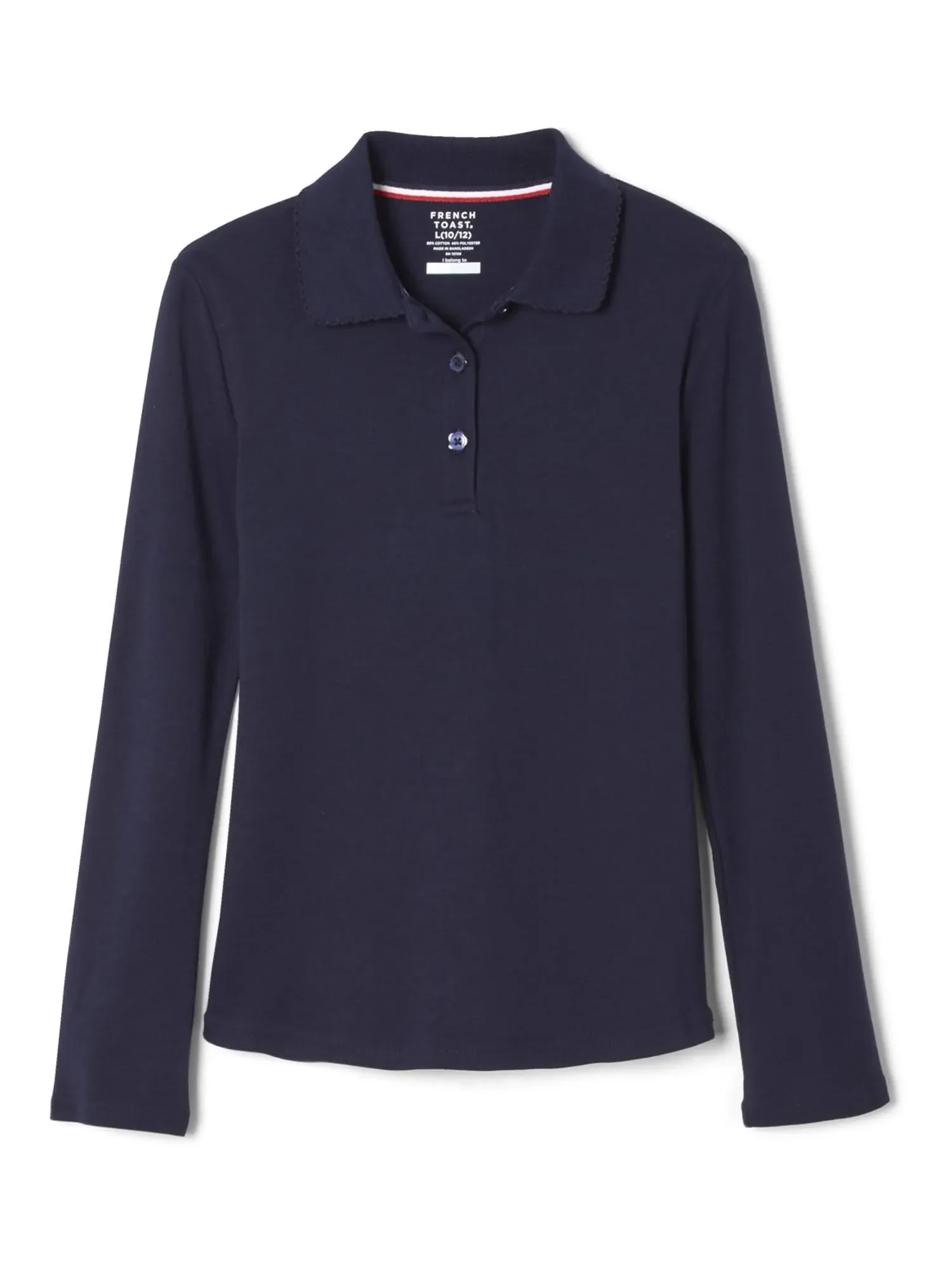 French Toast Navy Girls Long Sleeve Picot Collar Interlock Polo Shirt