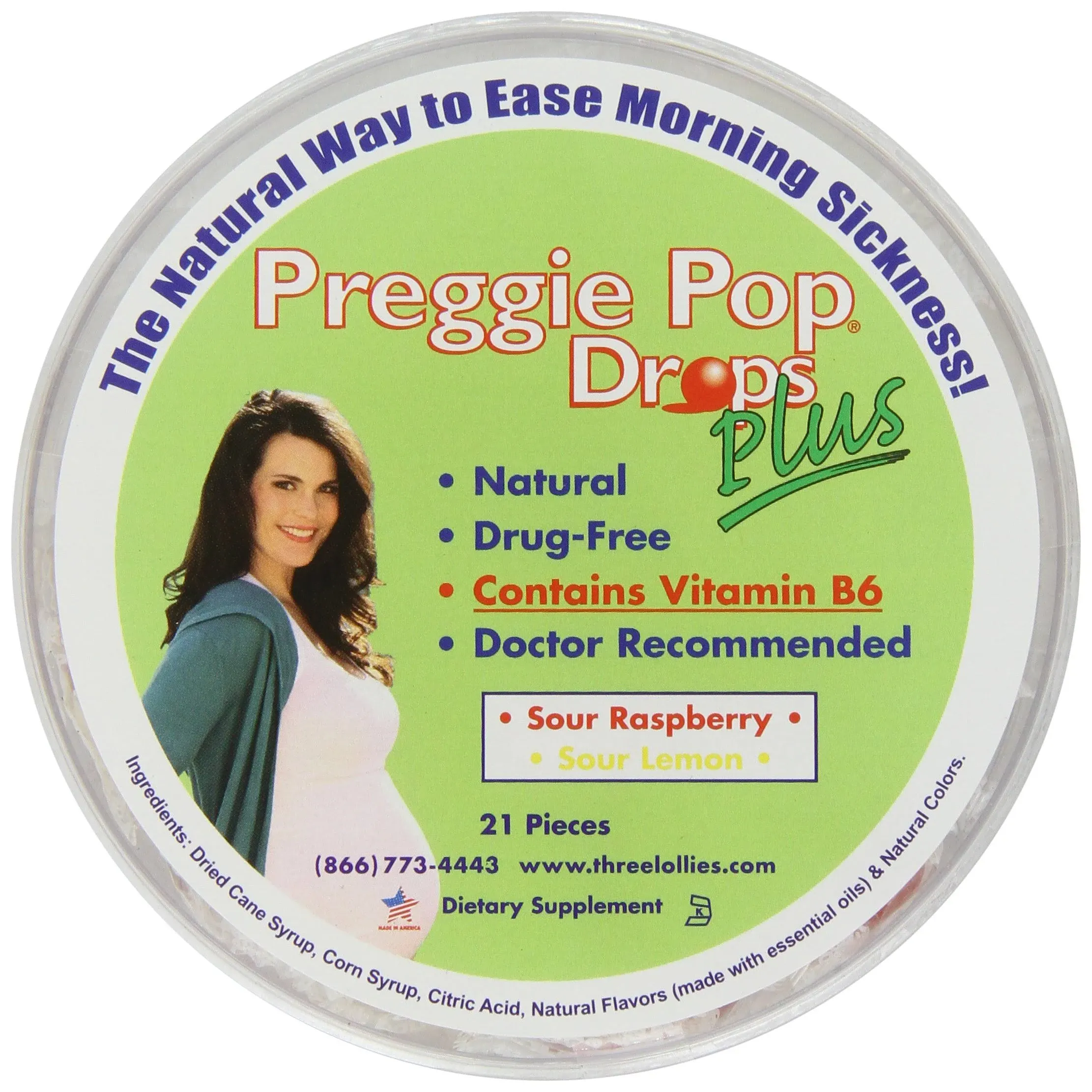 Three Lollies Preggie Pop Drops Plus | with Vitamin B6 for Morning Sickness Relief | Sour Raspberry | Sour Lemon | 21 Drops