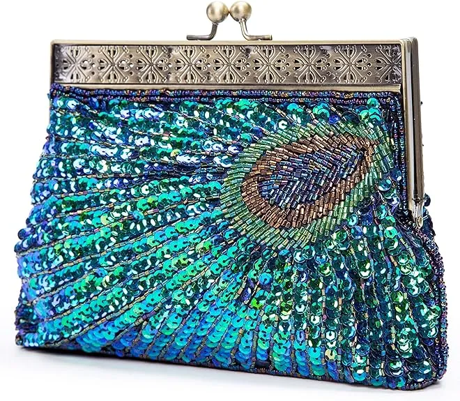 UBORSE Beaded Sequin Peacock Evening Clutch Bags Vintage Evening Bag1920s Party Wedding Purse