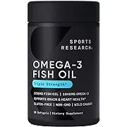 Sports Research Triple Strength Omega 3 Fish Oil - Burpless Fish Oil Supplement w/EPA & DHA Fatty Acids from Wild Alaskan Pollock - Heart, Brain & Immune Support for Men & Women - 1250 mg, 90 ct