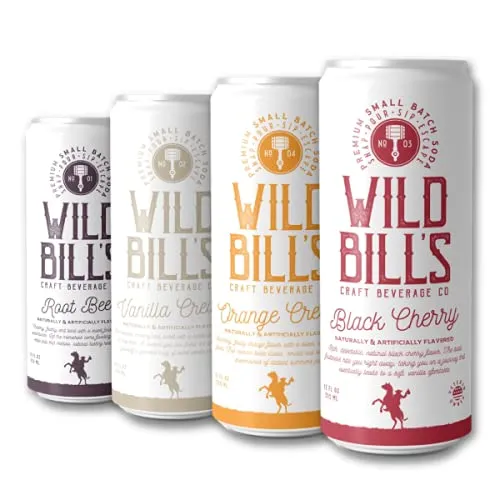 Wild Bill's 4 Flavor Craft Soda Soft Drinks Variety Pack, Root Beer, Black Cherry, Orange + Vanilla Sodas, Pure Cane Sugar, Caffeine Free, NO High Fructose Corn Syrup, Gluten Free Vegan, 12 Oz 12 Pack