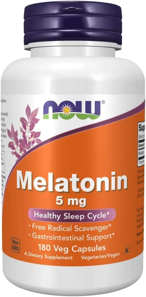 NOW Supplements, Melatonin 5 mg, Free Radical Scavenger*, Healthy Sleep Cycle*, 180 Count (Pack of 1)