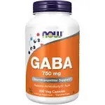 NOW Supplements, GABA (Gamma-Aminobutyric Acid) 750mg, Neurotransmitter Support*, 200 Veg Capsules