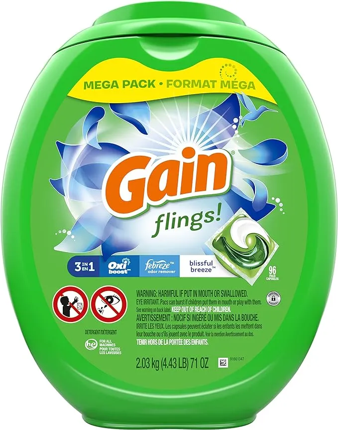 Gain flings! Laundry Detergent Soap Pods, High Efficiency (HE), Blissful Breeze Scent, 96 Count