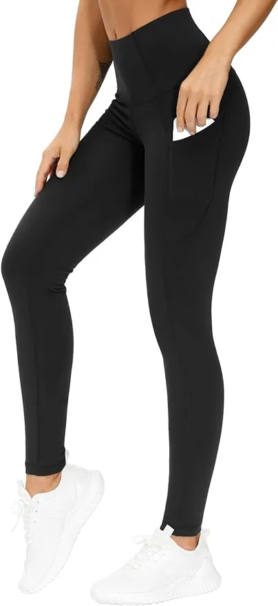 The Gym People Thick High Waist Yoga Pants with Pockets, Tummy Control Workout Running Yoga Leggings for Women (Small, Black )